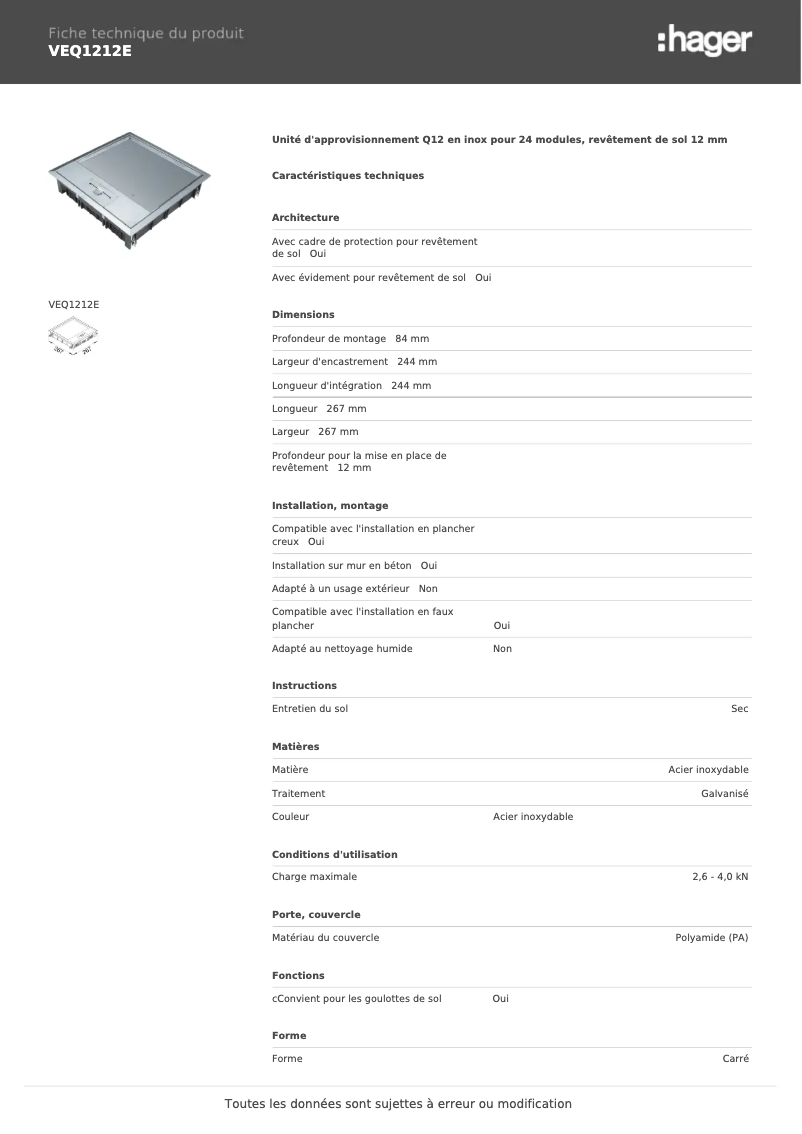 Page n°1 - Fiche technique Hager VEQ1212E