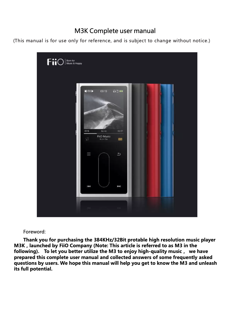 Page 1 de la notice Manuel utilisateur FiiO M3K