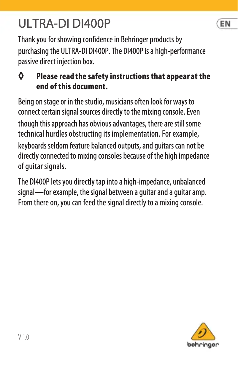 Página 1 del manual Manual de usuario Behringer DI400P