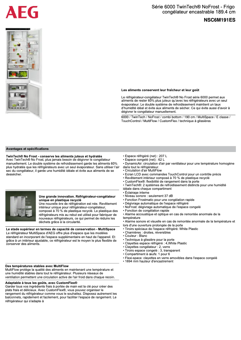 Page n°1 - Fiche technique AEG NSC6M191ES