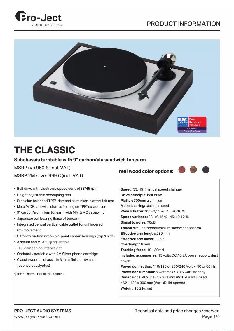 Page n°1 - Fiche technique Pro-Ject The Classic