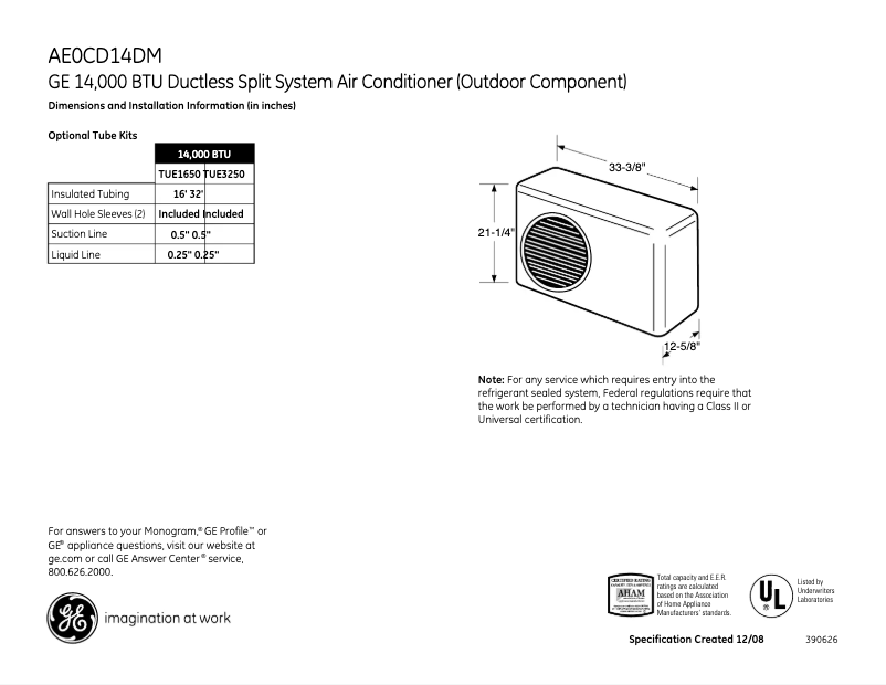 Page 1 de la notice Fiche technique GE AE0CD14DM