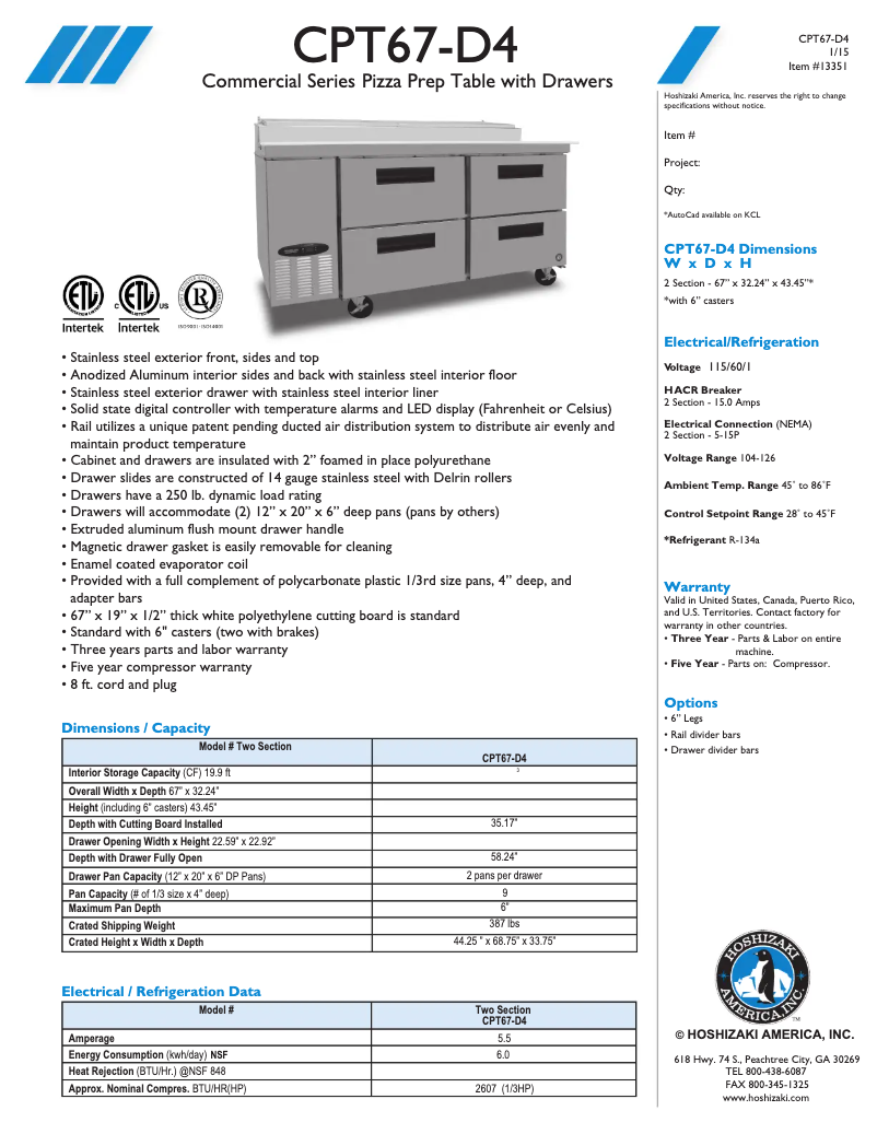 Página 1 del manual Ficha técnica Hoshizaki CPT67-D4