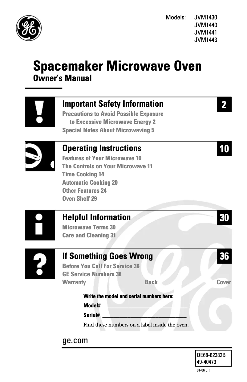 Page 1 de la notice Manuel utilisateur GE Spacemaker JVM1440WH