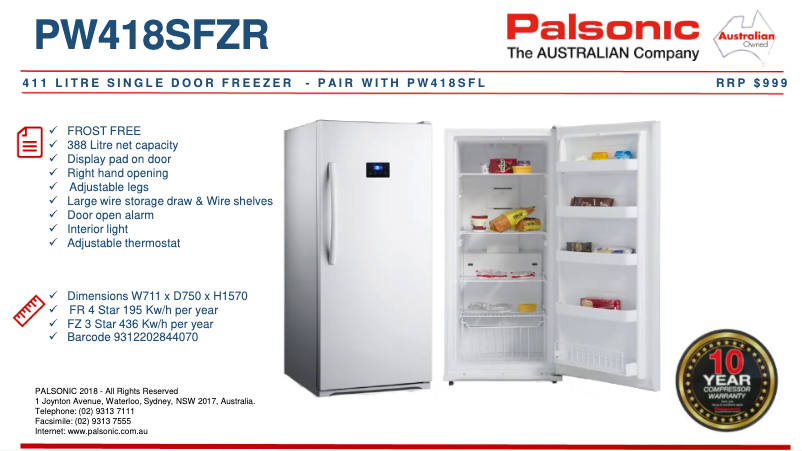 Page 1 de la notice Fiche technique Palsonic PW418SFZR