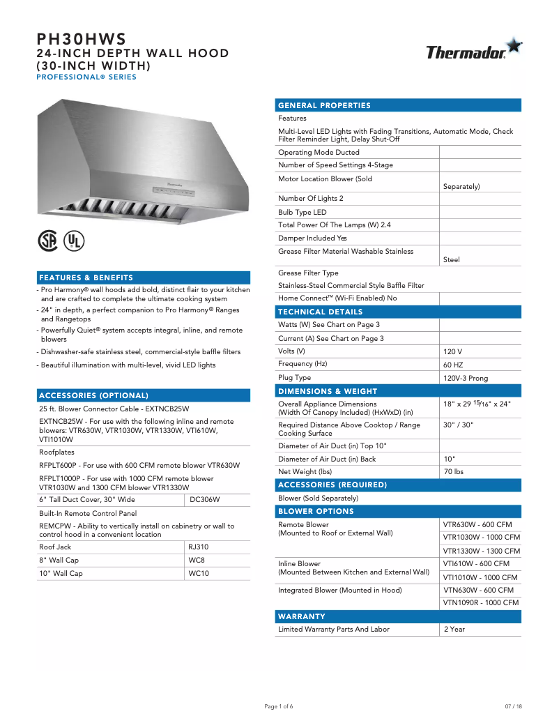 Page n°1 - Fiche technique Thermador PH30HWS