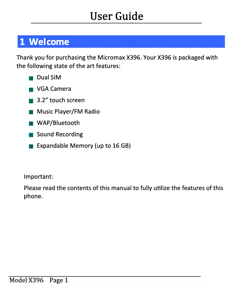 Page 1 de la notice Manuel utilisateur Micromax X396