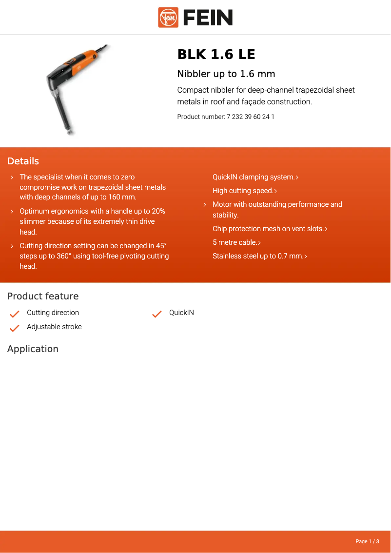 Page n°1 - Fiche technique Fein BLK 1.6 LE