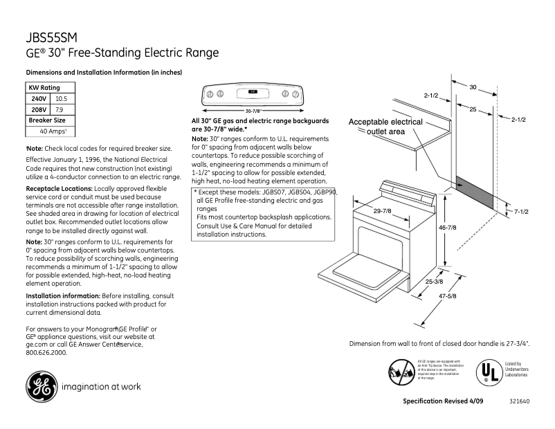 Page 1 of the manual Technical Sheet GE JBS55SMSS