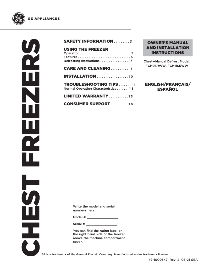 Page 1 de la notice Manuel d'utilisation et d'entretien GE FCM9SRWW