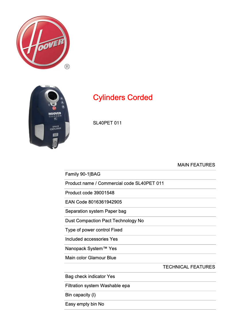 Page 1 de la notice Fiche technique Hoover SL40PET 011