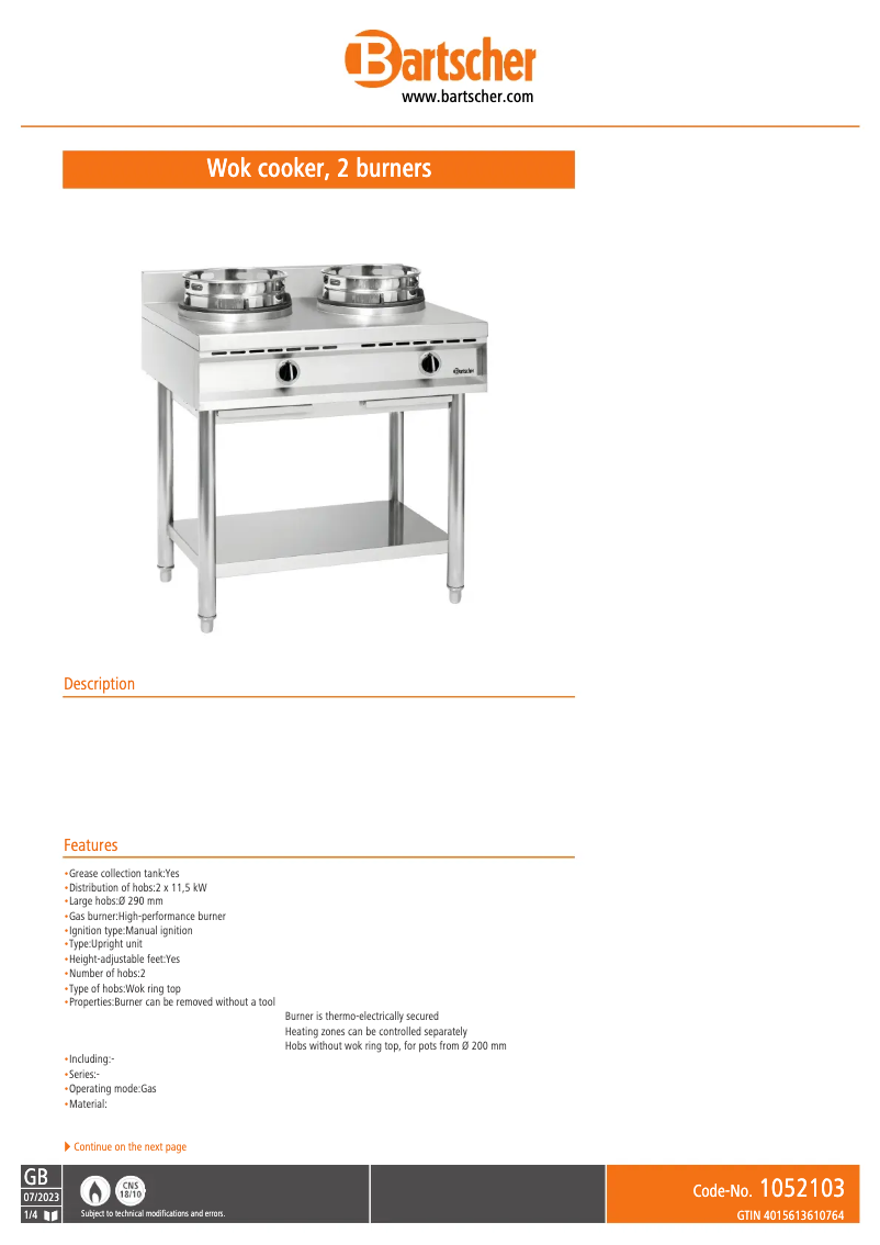 Page 1 de la notice Fiche technique Bartscher 1052103