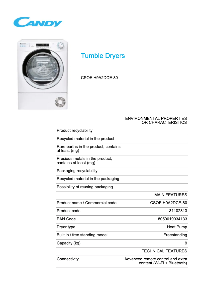 Page 1 de la notice Fiche technique Candy CSOE H9A2DCE-80