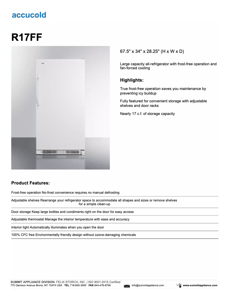 Page 1 de la notice Fiche technique Summit R17FF