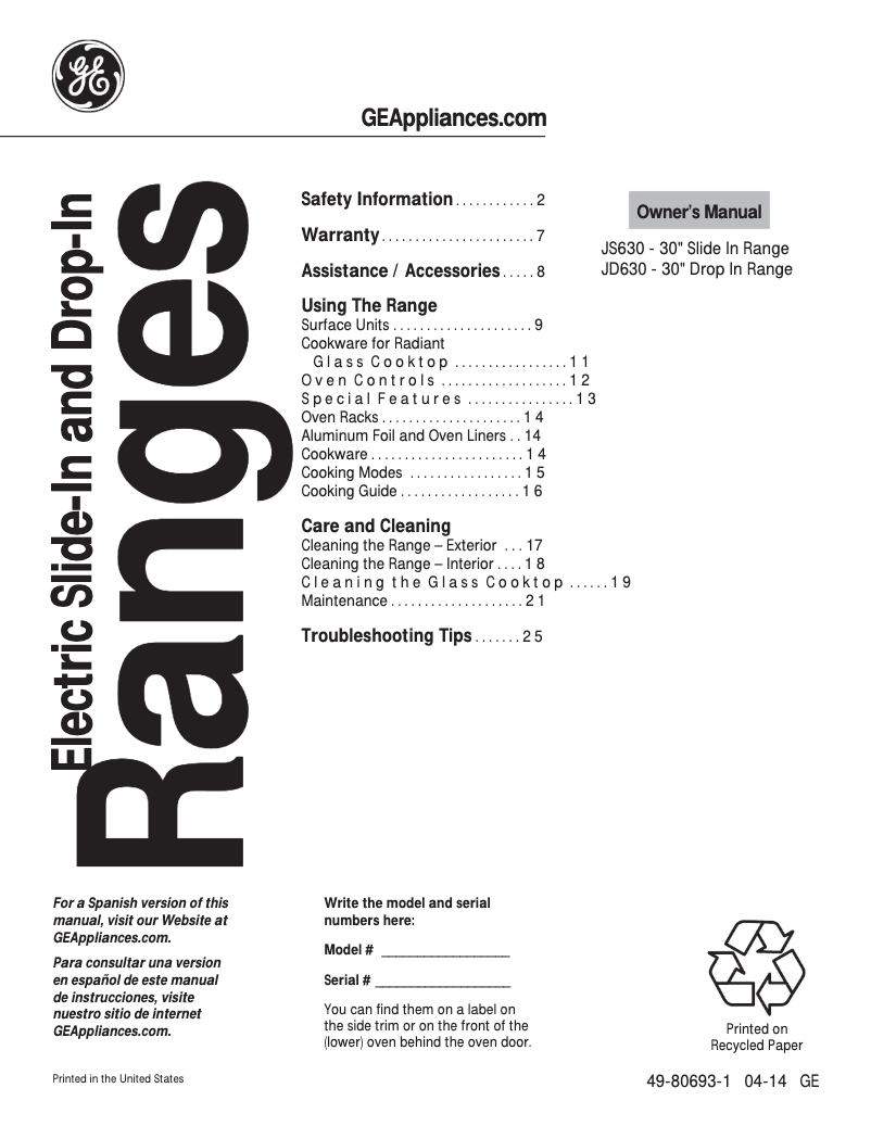 First page image of the manual for JS630DFBB