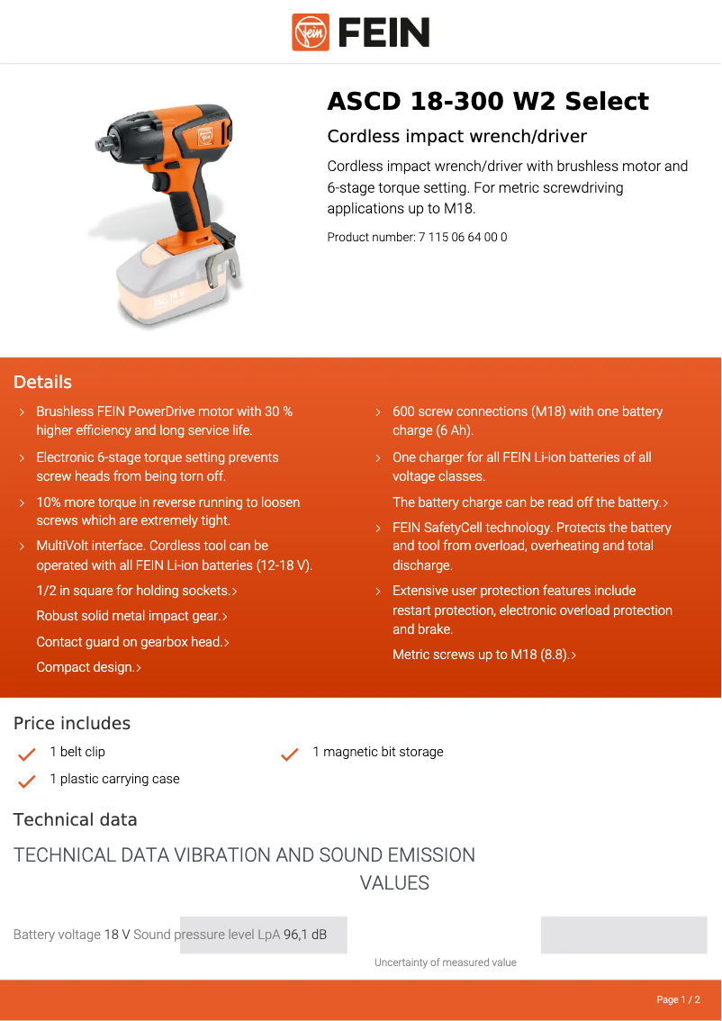 Page n°1 - Fiche technique Fein ASCD 18-300 W2 Select