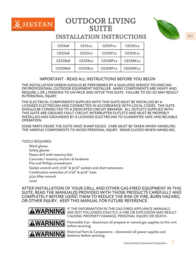 Page 1 de la notice Manuel utilisateur Hestan GESSP12