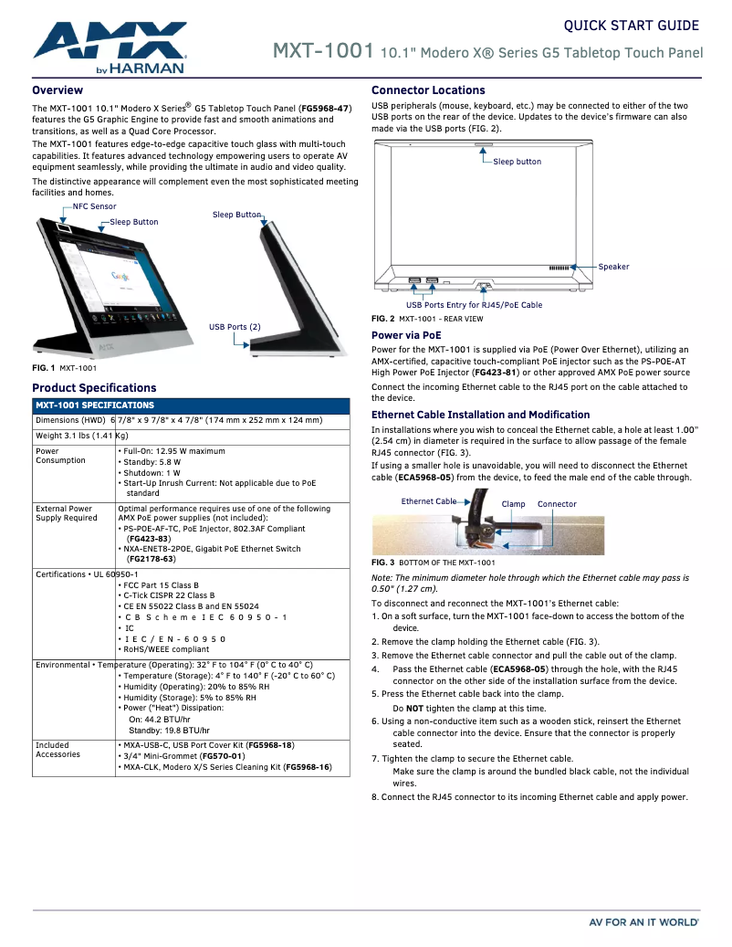 Page 1 de la notice Guide de démarrage rapide AMX MXT-1001