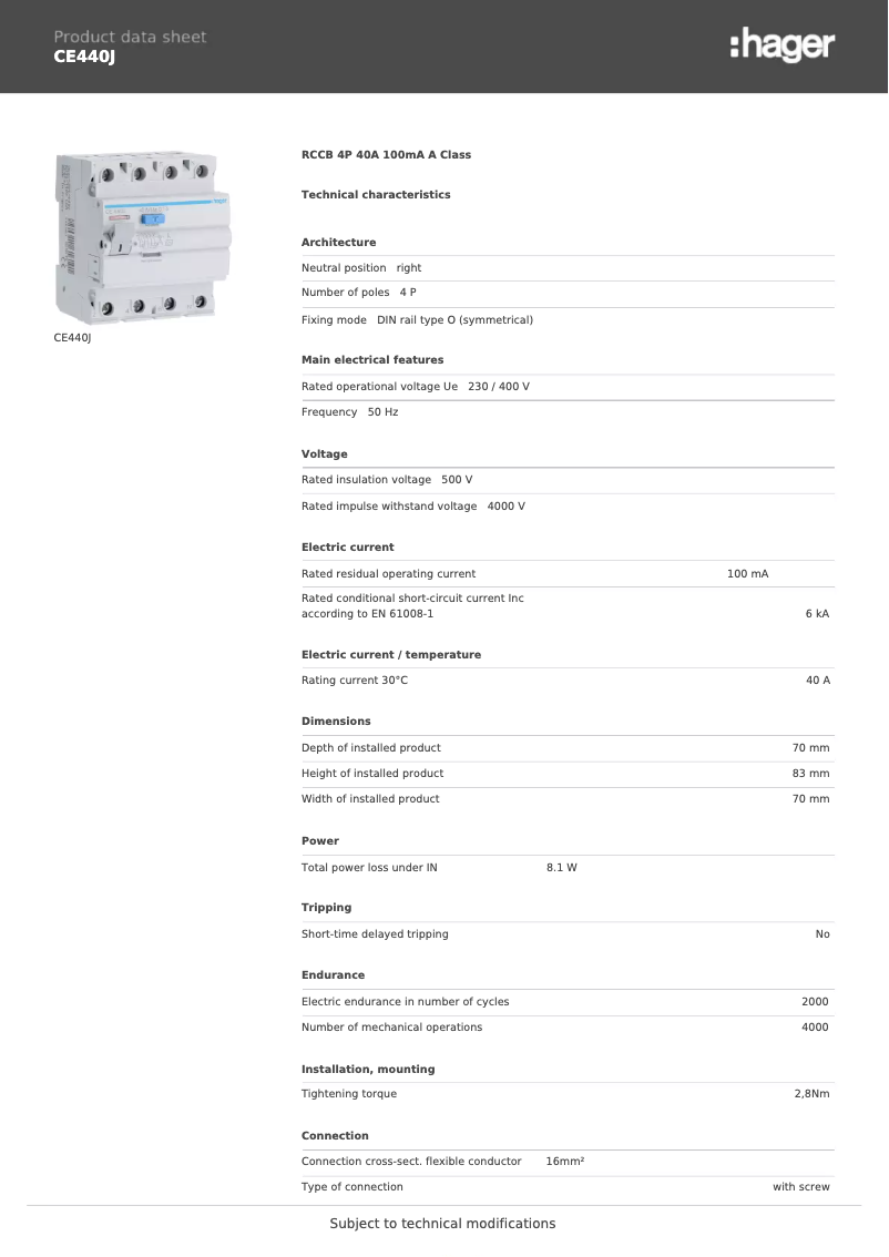 Page 1 de la notice Fiche technique Hager CE440J