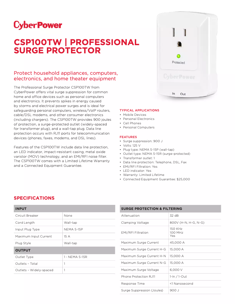 Page 1 de la notice Fiche technique CyberPower Professional CSP100TW