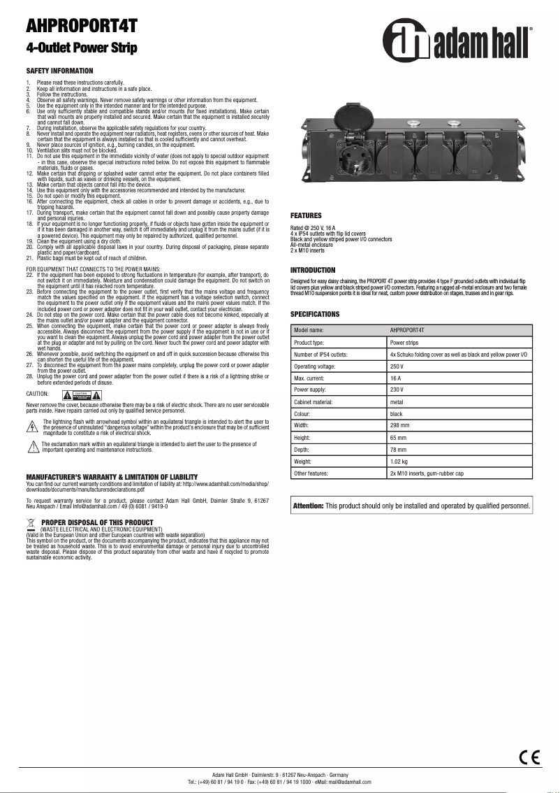 Page 1 de la notice Manuel utilisateur Adam Hall AHPROPORT4T