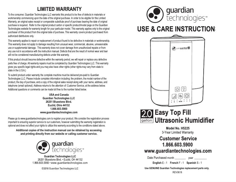 Image de la première page du manuel de l'appareil H5225WCA