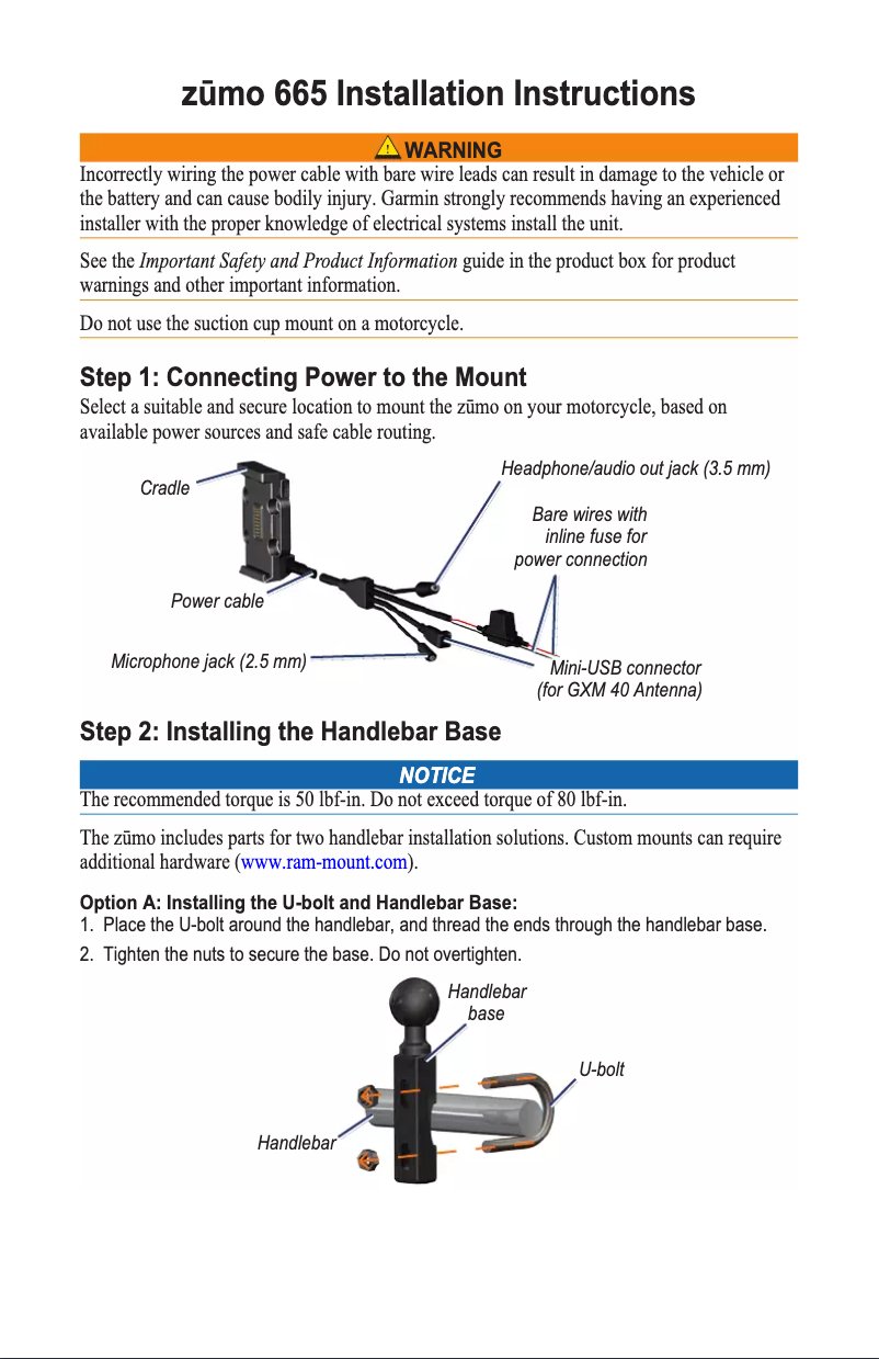 Page n°1 - Guide d'installation Garmin zūmo 665LM