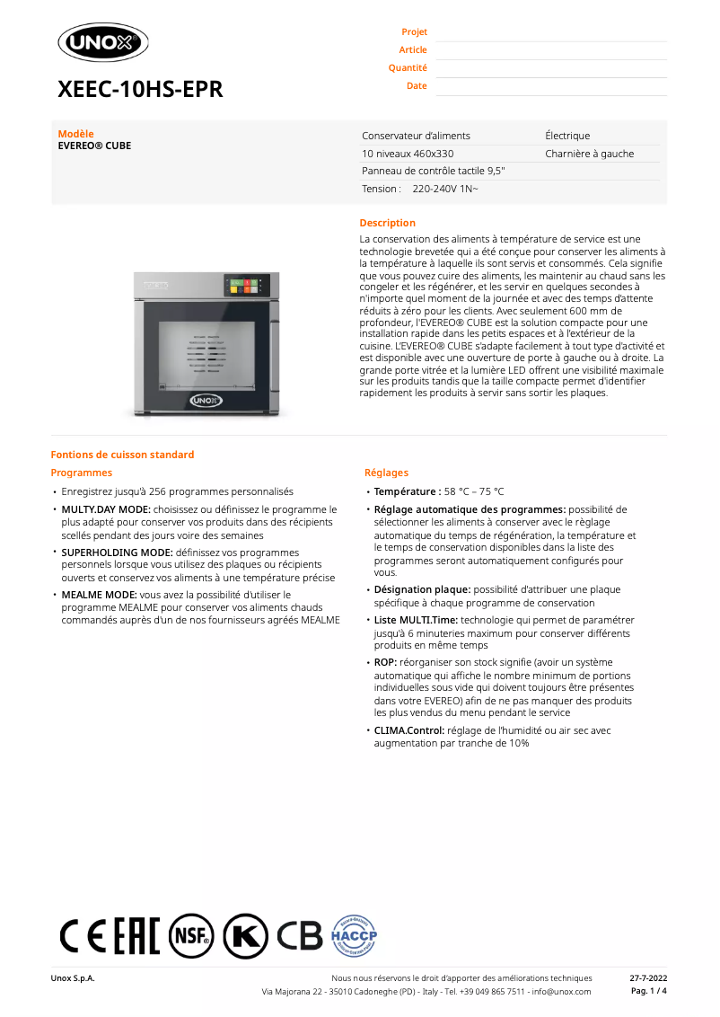 Page 1 de la notice Fiche technique Unox EVEREO