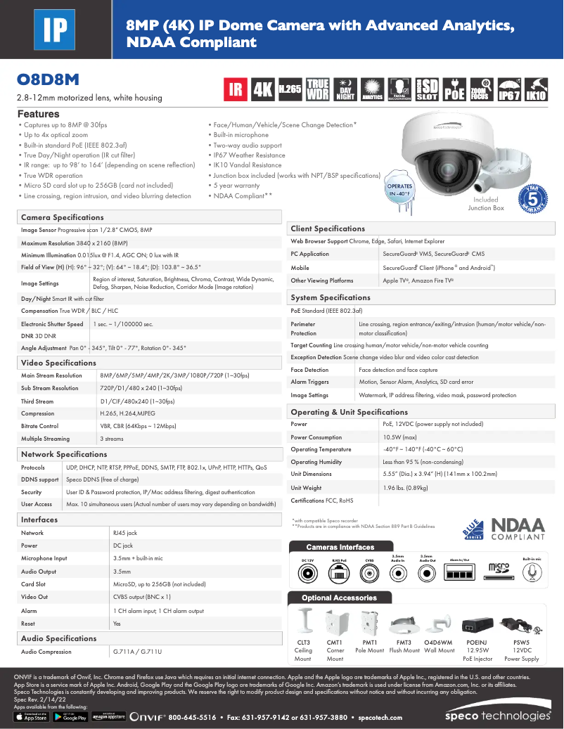 Page 1 de la notice Fiche technique Speco Technologies O8D8M