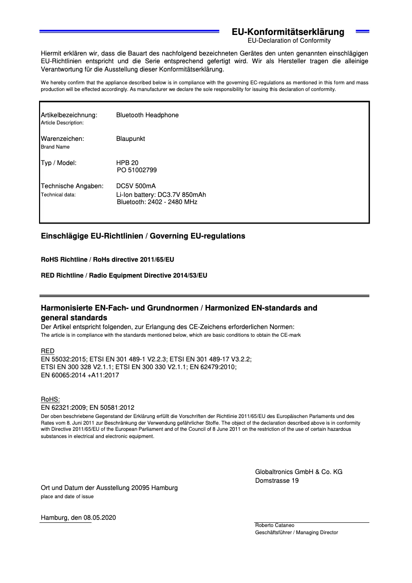 Page 1 de la notice Manuel utilisateur Blaupunkt HPB 20