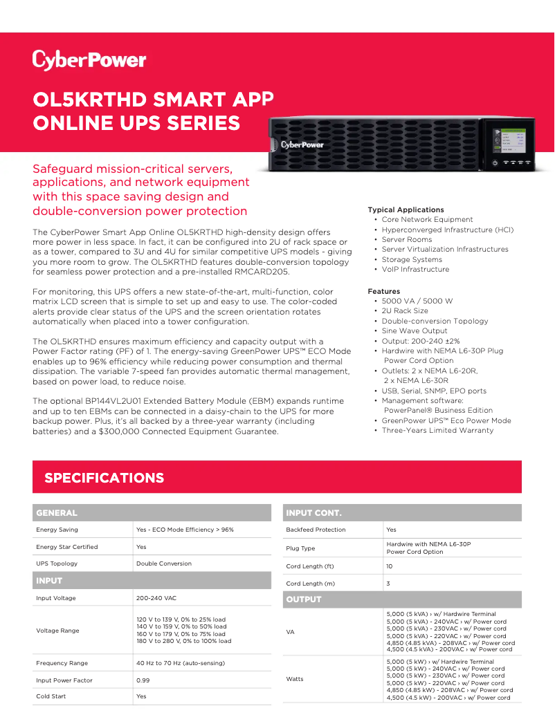 Page 1 de la notice Fiche technique CyberPower Smart App Online OL5KRTHD