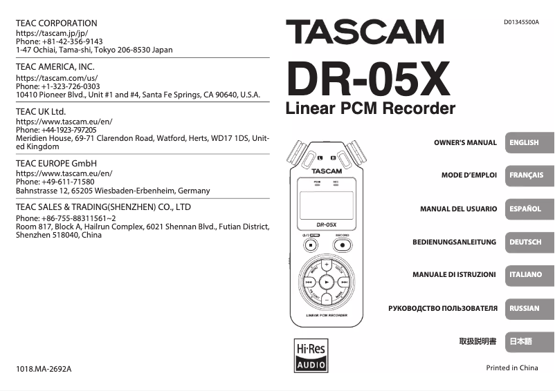 Page n°1 - Manuel utilisateur Tascam DR-05X