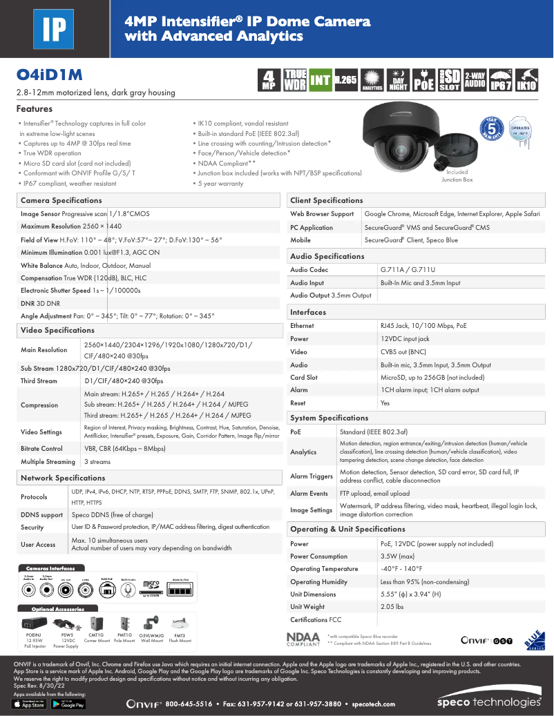 Page 1 de la notice Fiche technique Speco Technologies O4ID1M