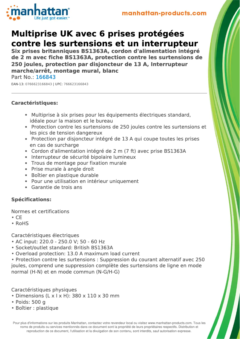Page 1 de la notice Fiche technique Manhattan 166843