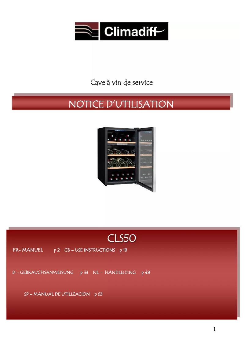 Page 1 de la notice Manuel utilisateur Climadiff CLS50