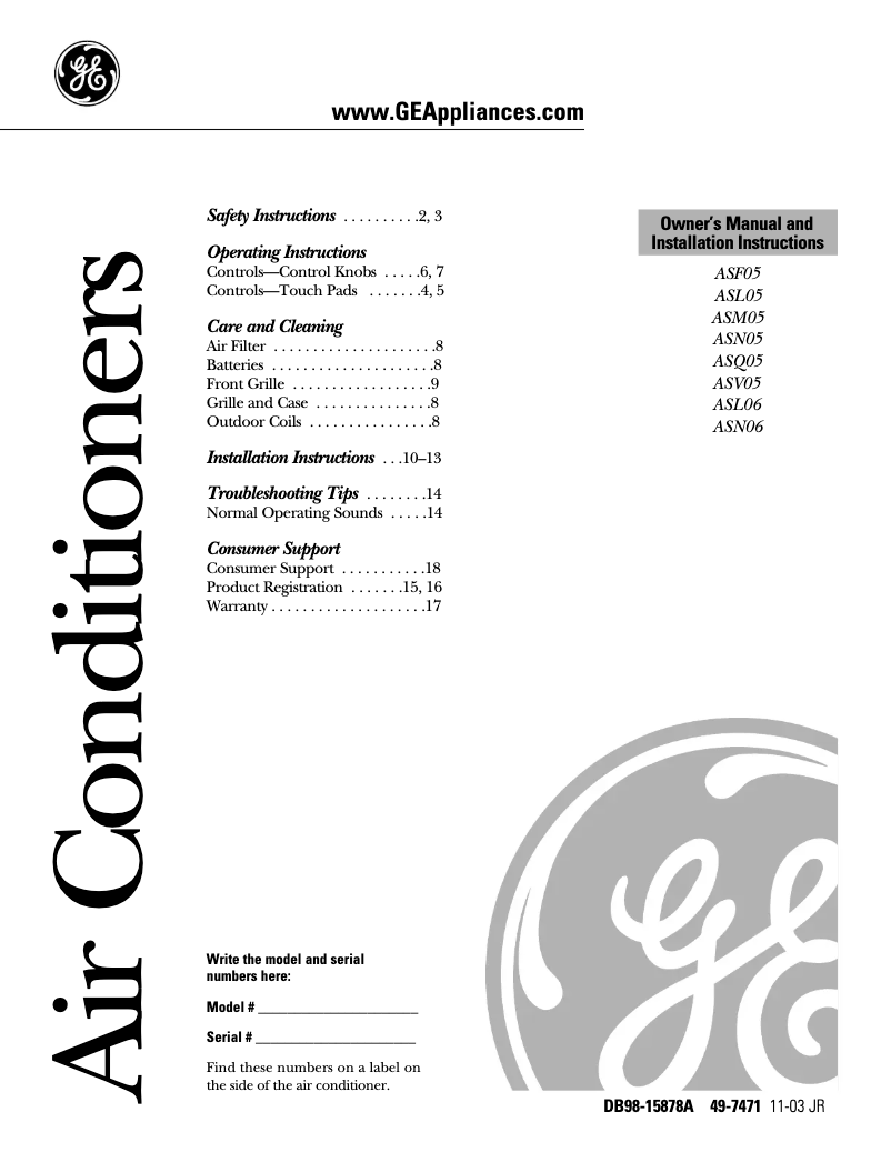 Page n°1 - Guide d'installation GE ASF05LA