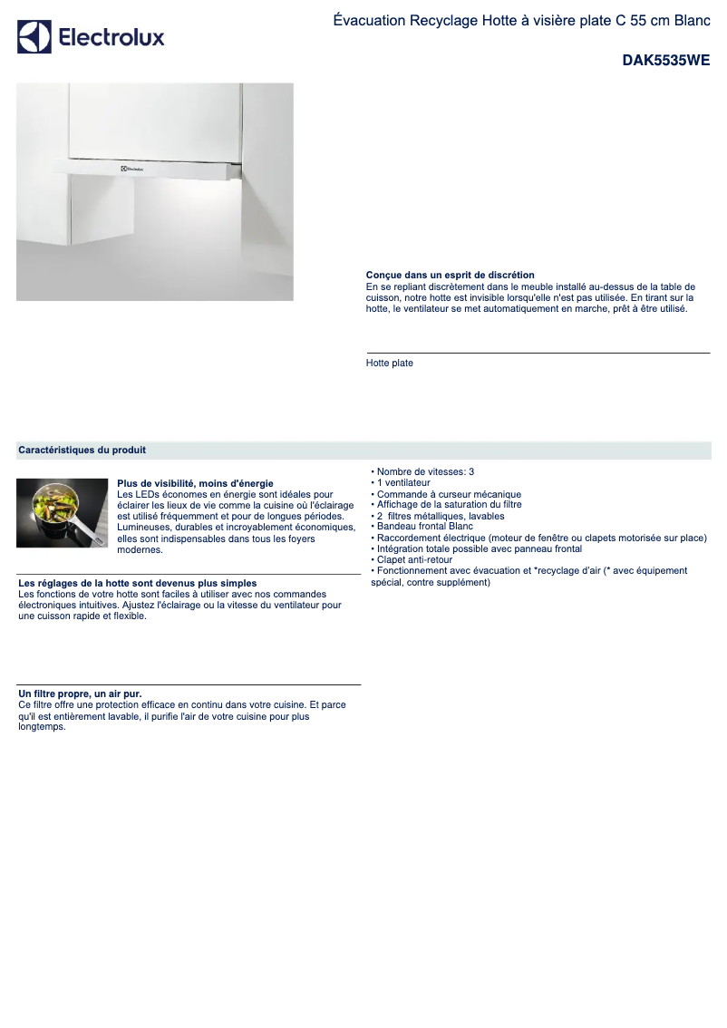 Page 1 de la notice Fiche technique Electrolux DAK5535WE