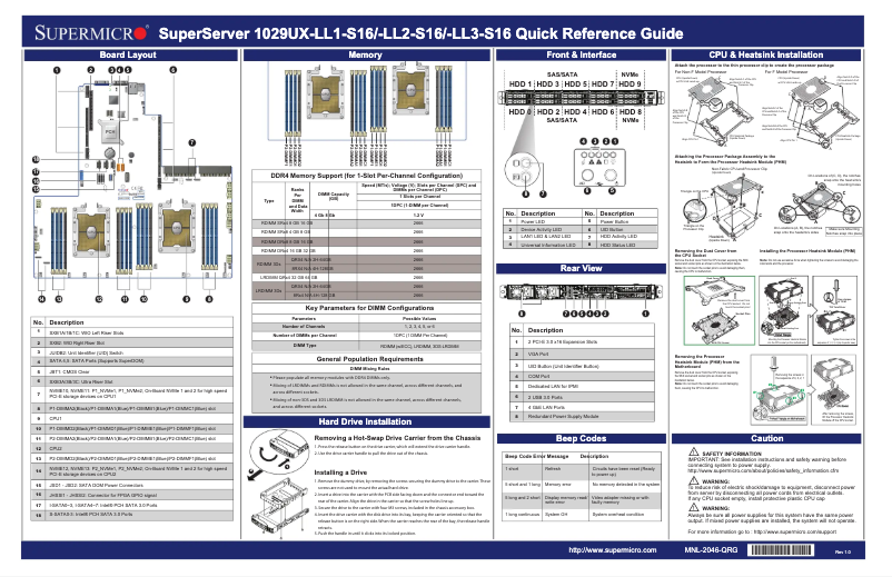 Page 1 de la notice Guide de démarrage rapide Supermicro SuperServer 1029UX-LL2-S16
