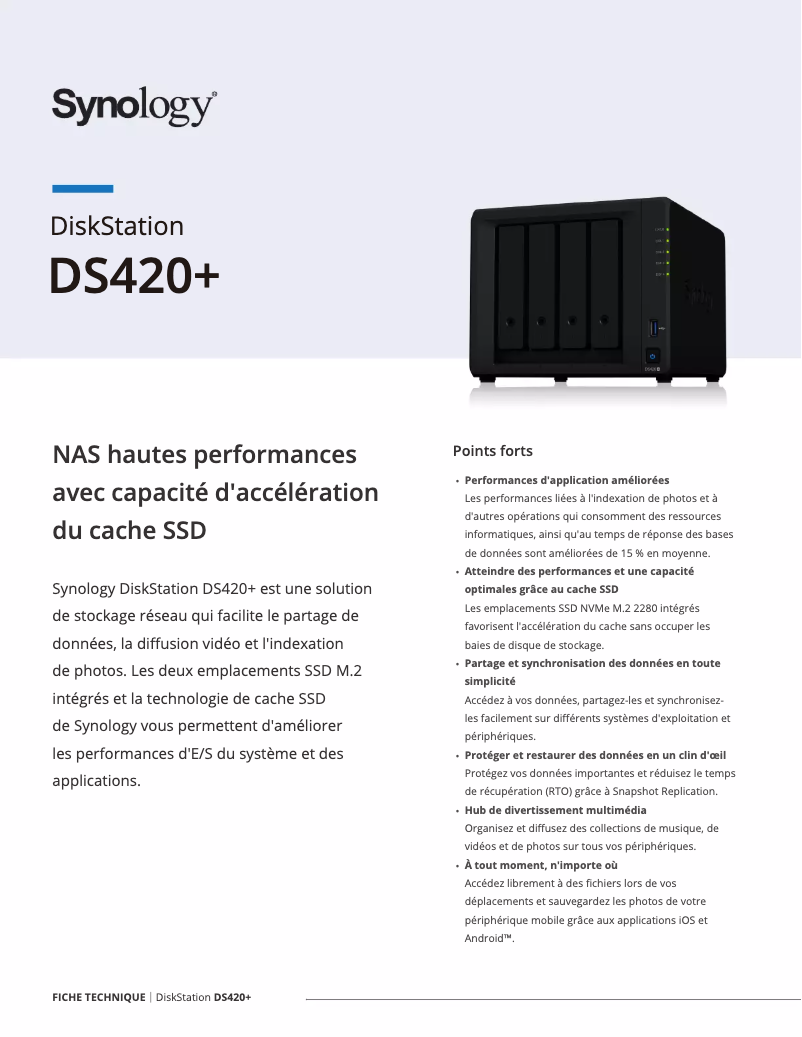 Page 1 de la notice Fiche technique Synology DiskStation DS420+