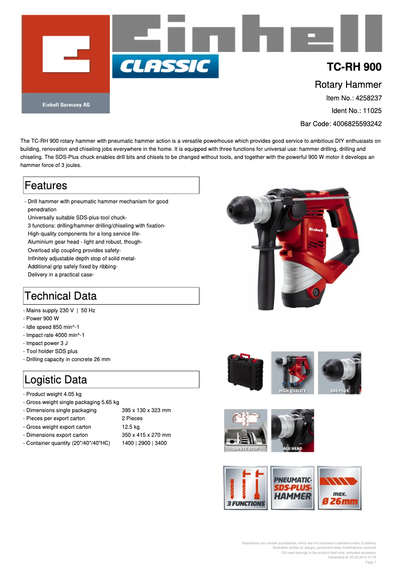 Page 1 de la notice Fiche technique Einhell TC-RH 900