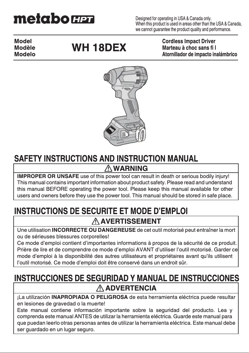Page 1 de la notice Manuel utilisateur HiKOKI WH18DEX