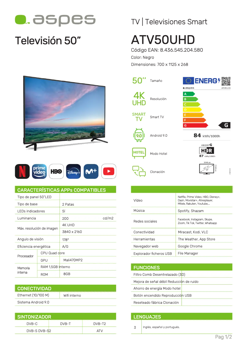 Page 1 de la notice Manuel utilisateur Aspes ATV50UHD