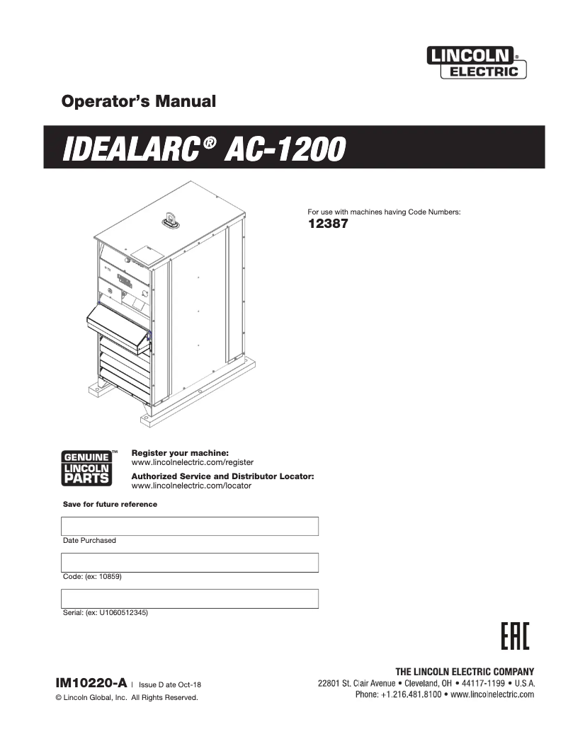 Page n°1 - Manuel utilisateur Lincoln Electric Idealarc AC1200