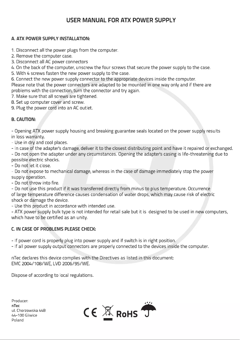 Page n°1 - Manuel utilisateur Qoltec ATX 350W BULK