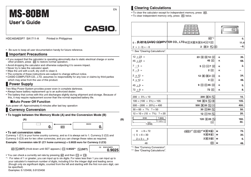 Page 1 de la notice Manuel utilisateur Casio MS-80BM