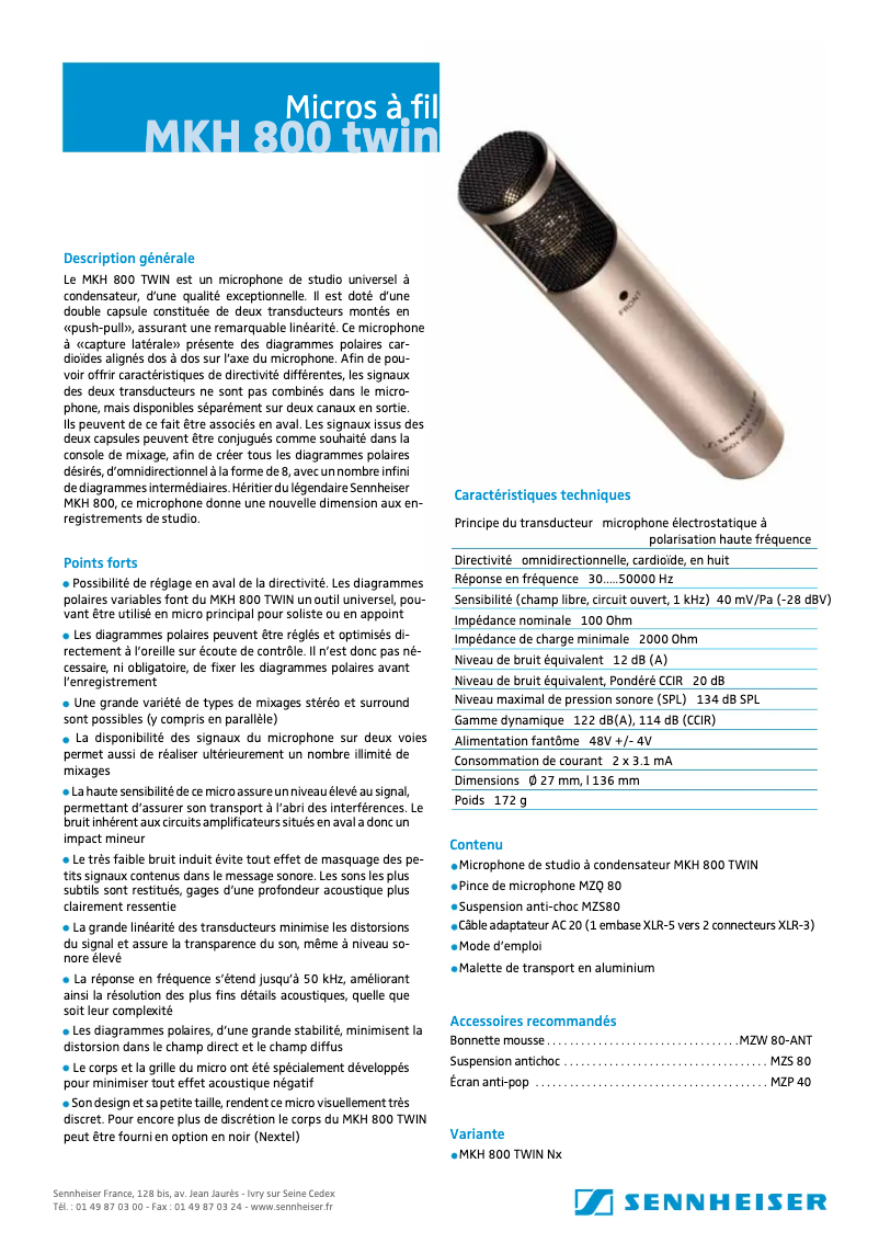 Page n°1 - Fiche technique Sennheiser MKH 800 TWIN