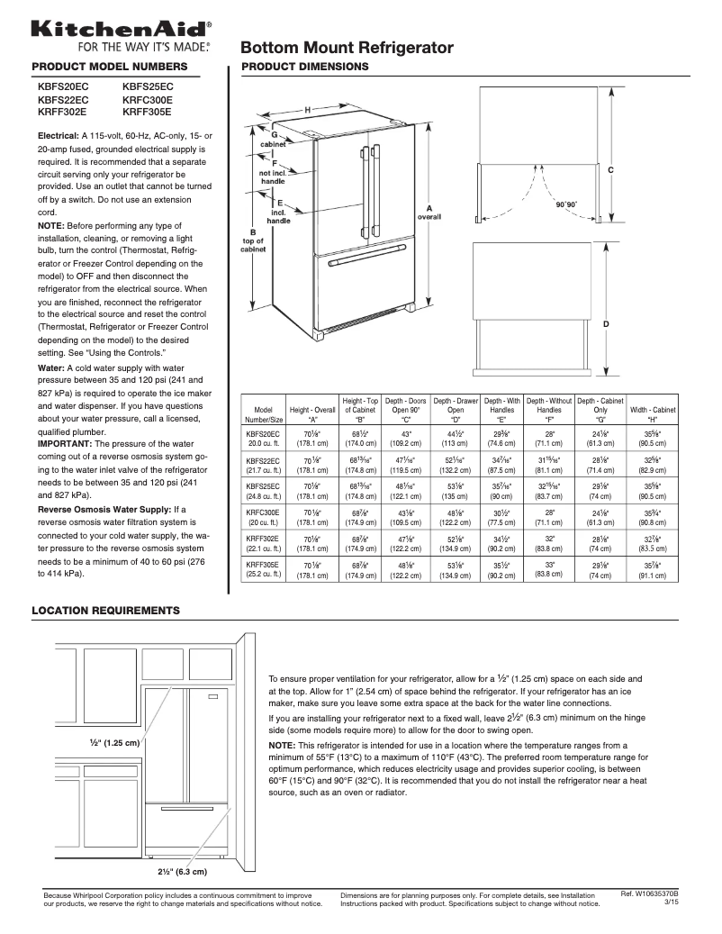 Page 1 de la notice Fiche technique KitchenAid KRFF305EWH