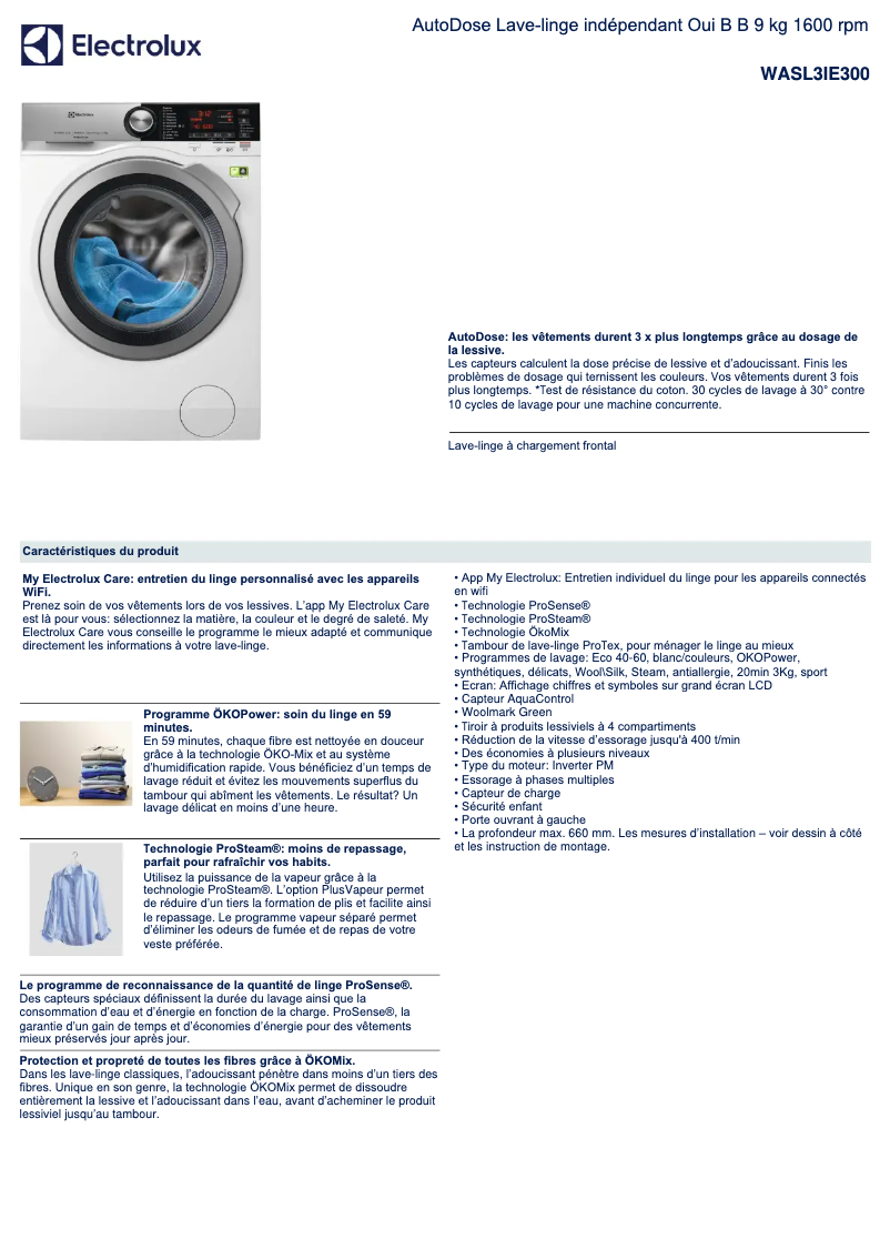Page n°1 - Fiche technique Electrolux WASL3IE300