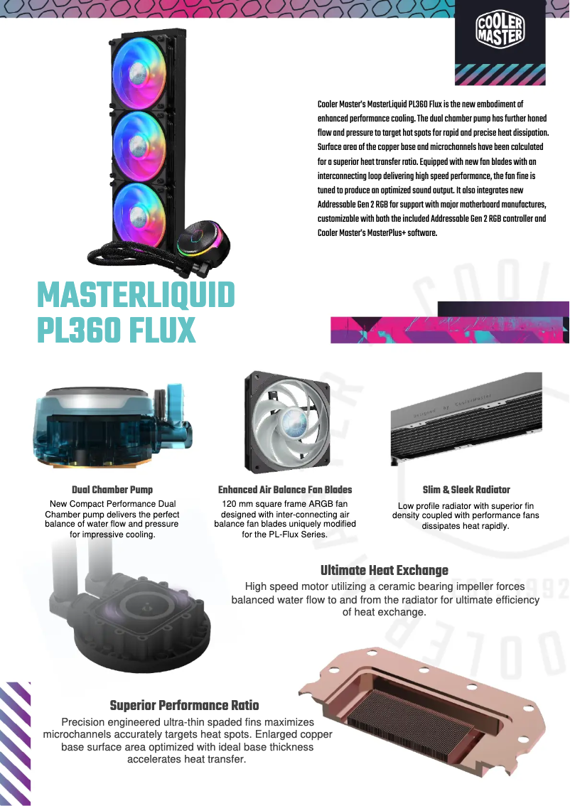Page 1 de la notice Fiche technique Cooler Master Masterliquid PL360 Flux
