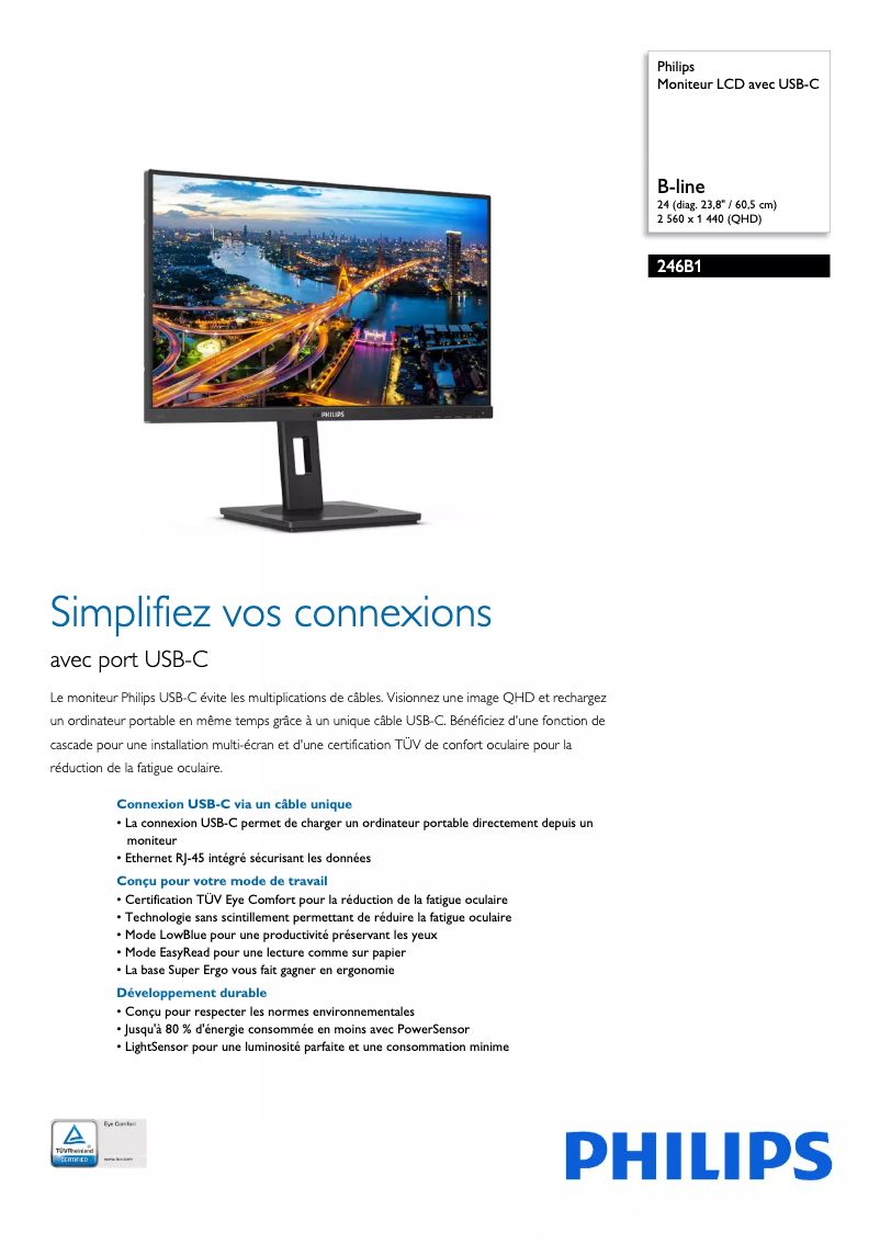 Page 1 de la notice Fiche technique Philips B Line 246B1